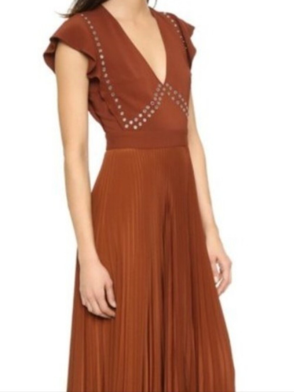 A.L.C. Barneys New York Chestnut Brown Eyelet-Trim Pleated Midi Dress